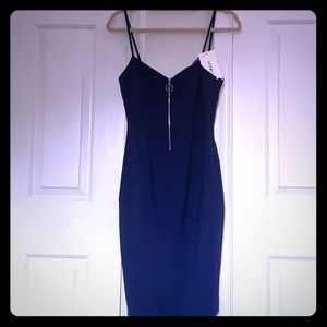 Blue front and left side zipper midi bodycon dress